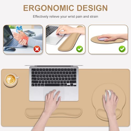 4 PCS Mouse Pad Desk Mat Protector, Keyboard Wrist Rest + Comfortable Mouse Pad Wrist Rest +Coaster, Large Gaming Mousepad for Computer Laptop, 35.4"X 15.7" Deskpad for Office Home I Sand Color - Image 2