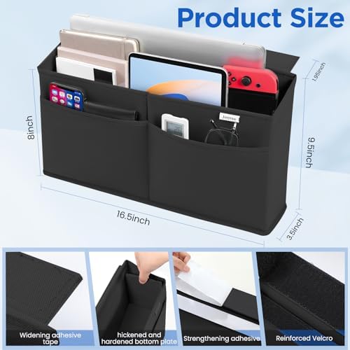 2 Pack Desk Side Hanging Organizer, Adhesive Storage Bag with Pockets for Magazine Ipad Notebook, for End Tables Home Office Desks Computer Workstations Dressing Table, Black - Image 3