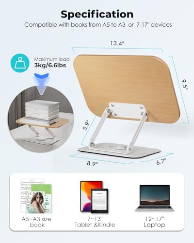 Viozon Book Stand for Reading,Book Holder, Height&Angle Adjustable, 360° Rotating Base, Foldable and Portable, Lightweight for Office, Kitchen, School Textbook, Recipe, Magazine,Kindle,Tablet LW - Image 4