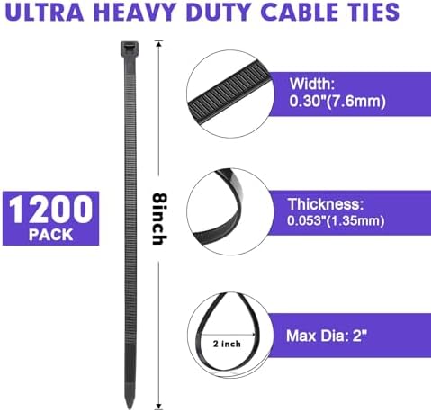 Zip Ties, RAZCC 1200pcs Black Cable Zip Ties 8 Inch, Heavy Duty Plastic Wire Ties with 100lb Tensile Strength, Self-Locking Black Nylon Tie Wraps for Indoor and Outdoor - Image 2