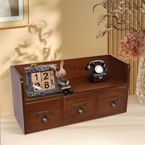 3-Drawer Desktop Organizing Cabinet, Pine Wood Countertop Drawers Storage Box, Vintage Desk Organizer Chest for Bills,Office & Home Supplies,Cosmetics,Seals-No Assembly Required - Image 3