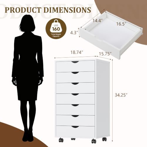 7 Drawer Mobile File Cabinet with Wheels, Office Storage Drawers, White - Image 3