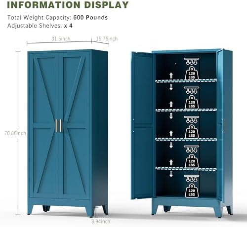 COFaR Home Farmhouse Storage Cabinet with Barn Door, Tall Kitchen Pantry Cupboard with Adjustable Shelves, for Dining Room, Bathroom, Living Room Blue. - Image 2