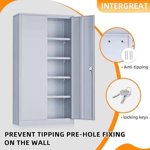 INTERGREAT Metal Storage Cabinet with Doors, 72" Locking Steel Storage Cabinet with Shelves, Tall Metal Cabinet Lockable Steel Cabinets for Home Office, Garage,(Cement) - Image 4