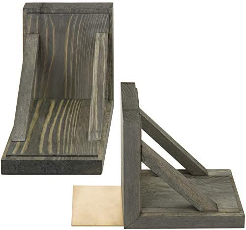 MyGift Vintage Gray Wood Decorative Bookends with Brass Metal Book Supports, Office Desk Wooden Bookend Book Stand, 2 Piece Set - Image 7