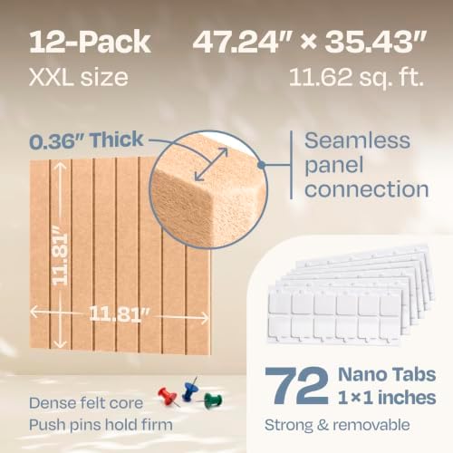 X-Large Cork Board Alternative 12-Pack Felt Bulletin Board Thick and Decorative Pin Board for Home Office Walls 47.24 x 35.43 Inches with 72 Adhesive Tabs - [Soft Camel] - Image 3
