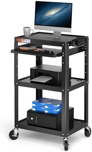 POCHAR Steel AV Cart on Wheels - Rolling Projector Cart with Height Adjustable Shelf, Pullout Keyboard Tray, Power Strip, Cord Management - Mobile Media Carts Computer Workstation for Office Classroom by POCHAR-FactoryDirectCustomizedProducts