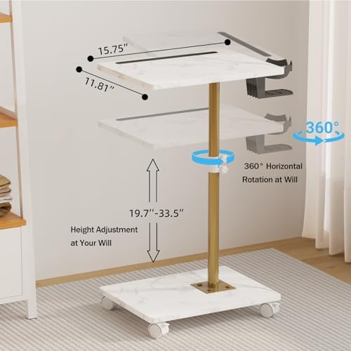TV Tray Table, Adjustable Dinner Trays for Eating Table, 360° Swivel & Sofa Armrest End Side Table, C Shaped Couch Snack Table for Bedroom, Living Room, Small Space(White+Gold) - Image 2