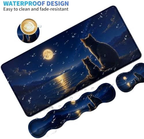 Memory Foam Keyboard Wrist Rest Desk Mat Set, Moonlit Cat Family - Image 4