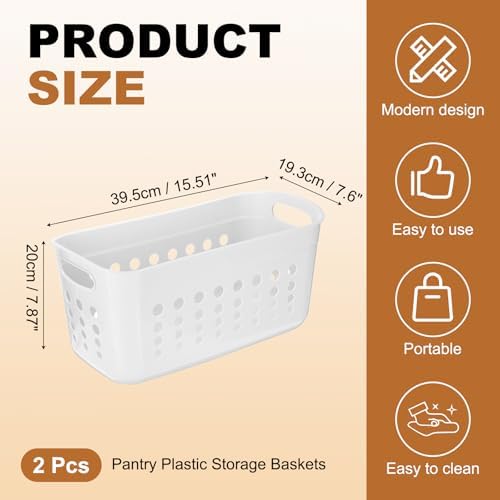 uxcell 2Pack Pantry Plastic Storage Baskets, 15.55x7.87x7.6 Stackable Organizer Container with Handle Organization Bins for Shelves Bathrooms Bedrooms Closet Desktop Cabinets, White - Image 2