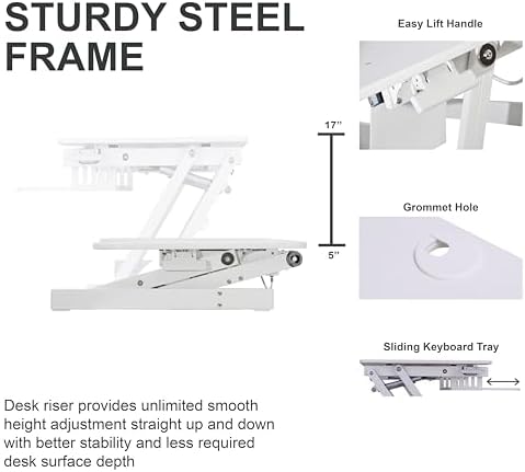 Rocelco 37.5" Height Adjustable Standing Desk Converter with Dual Monitor Mount and Slide Out Retractable Keyboard Tray - Sit Stand Up Double Screen Tabletop Riser Workstation - White (R DADRW-DM2) - Image 4