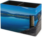 PU Leather Multi-Compartment Pen Holder Desktop Organizer Pencil Cup Storage Caddy for Office Home Supplies Wooden Pier Jetty On Lake Serene Mountain And Clear Sky Reflection - Image 7