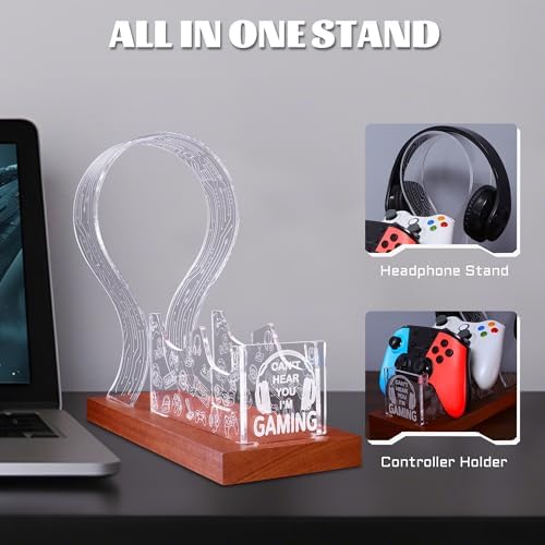 YuanDian Gamer Gifts for Teenage Boy, Can't Hear You I'm Gaming Headset and Controller Stand, Acrylic Wooden Controller Holder with Blue Pink LED Night Light, Desk Decor Gift - Image 6
