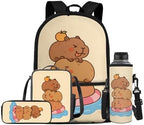 Teen's Backpack 4Pcs, Aesthetic Travel Daypack Set of 4 Include Lunch Box Pencil Case Cup Sleeve Large Capacity & Portable Daypack 4Pcs Cute Capybara by Oamsistay