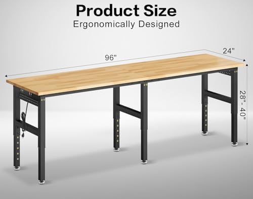 96” Heavy Duty Workbench, 5000 LBS Capacity Adjustable Work Bench with Pegboard and Power Outlet, Rubber Wood Work Table for Garage, Office, Workshop, Home - Image 2