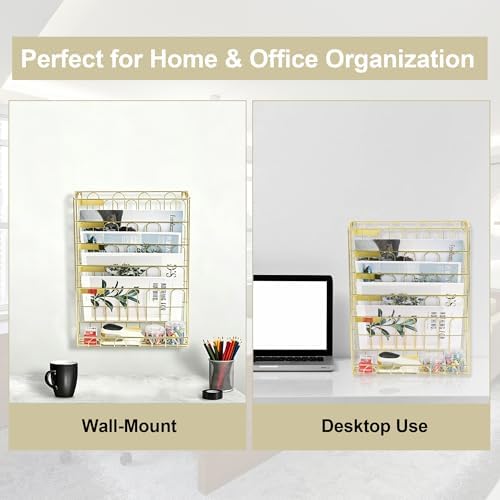 TQVAI Wall File Organizer, 5 Tier Hanging File Organizer with Bottom Tray, No Assembly Required Metal Wall Mount File Holder for Office Home Classroom, Gold - Image 5