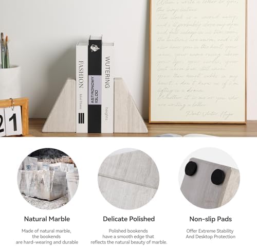 Marble Book Ends for Heavy Books, Decorative Bookends for Shelves, Durable and Heavy-Duty Bookends for Hardback Book & CDS, Off-White Unique Books Stopper & Holder, Set of 2 - Image 4