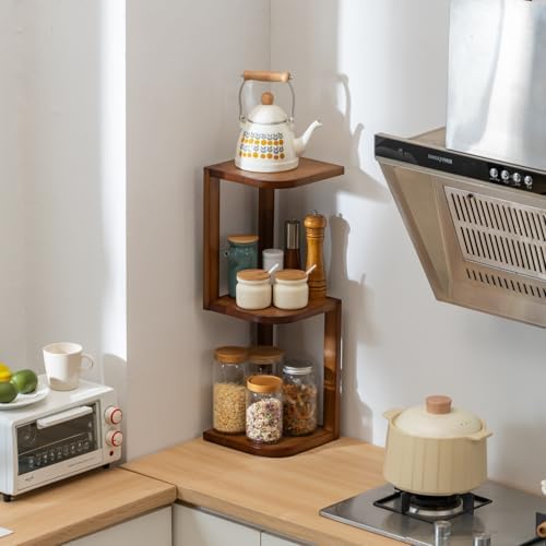 Corner Shelf Stand Desk Organizer,26.8" H Rubberwood Brown Rack for Small Spaces, Bedroom,Home Office,Kitchen,Bathroom (Walnut, 3 Tier) - Image 4