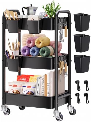 3 Tier Rolling Cart Metal with Wheels,Black Three Tiered Art Cart Organizer by Aofure