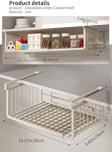 Extendable Under Shelf Storage Basket, Hanging Baskets Under Cabinet Shelf Organizer, for Cabinet Pantry Kitchen Cupboard Desk Counter Bookshelf Space Saver Heavy Duty Slide-in (off - white, 2 Pack) - Image 5
