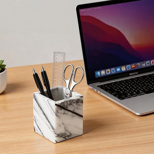 Natural Lilac Marble Toothbrush Holder 3.93Inch Solid Stone Makeup Brush Organizer, Luxurious Pen Holder, Square Utensil Storage Container for Bathroom, Office, Countertop Home Decor (WH097) - Image 6