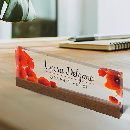Artblox Office Personalized Name Plate for Desk with Business Card Holder On Clear Acrylic Glass Poppy Flowers Design Custom Desk Name Plate with Your Name and Credentials Customized Gift - Image 3