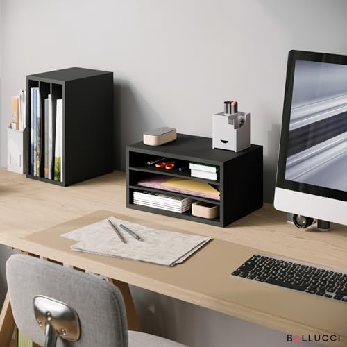 Ballucci Paper Organizer, 3-Tier Stackable Wood Desk Organizer, Document File Organizer and Mail Sorter with Adjustable Storage Shelves, Black - Image 2
