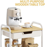 TOOLF 3-Tier Metal Utility Rolling Cart with Drawer and Wooden Table Top, Storage Cart White Trolley Kitchen Organizer Rolling Desk with Locking Wheels for Office, Classroom, Home, Bedroom - Image 5