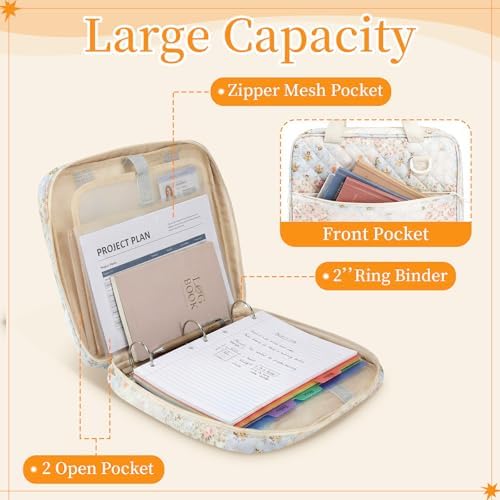 Zipper Binder Folder Keeper with Strap 2", 3 Ring, White, Flower - Image 3