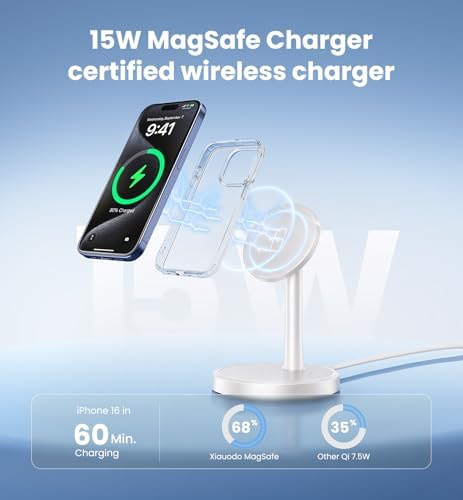 Magnetic Wireless Charger iPhone, 2 Pack 15W Fast Mag-Safe Charger Stand for iPhone 17/17 Air/17 Pro/17 Pro Max 16/15/14/13/12 Series, Wireless Charging Station for Pad/AirPods(White) - Image 6