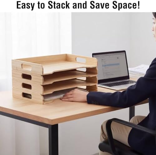 Yinkin Wooden Stackable Paper Trays 4-Tier Wooden Paper Organizer for Desk Letter Documents Wood Desktop File Organizers for Desktop File Holder and Office Supplies Rack for Home Office Use (Natural) - Image 5