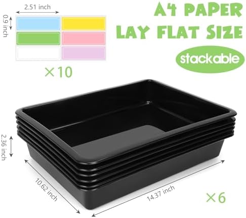 ShineMe 6 Pack Paper Trays for Classroom, Black Plastic Book Bins with Colorful Labels, Stackable Letter Size Storage Tray, Desk Organizer Tray for Home, School and Office - Image 2