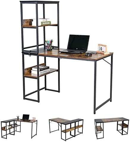 UNICOO® 3 Combination L Shaped Corner Desk with Shelves, Computer Desk with Drawers, Home Office Writing Study Bookshelf Desk Combo, Multi-Function 4 Tier Reversible Storage Bookshelf (XJH-2402) by UNICOO