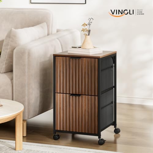 VINGLI 2 Drawer Mobile File Cabinet, Rolling Fluted Filing Cabinet Under Desk File Cabinet with Wheels, Fabric Drawers Printer Stand for Home Office, Fits Letter Size, Walnut - Image 7
