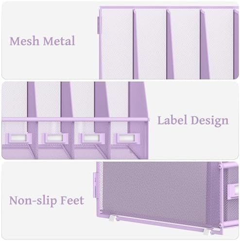 SUPEASY Desk Organizers Metal Desk Magazine File Holder with 5 Vertical Compartments Rack File Organizer for Office Desktop, Classroom, Home Workspace, Purple - Image 4