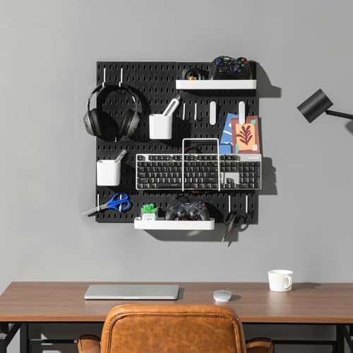 Keepo Peg Board Wall Organizer – Plastic Pegboard Panels, Modular Peg Board Storage System For Home Office, Craft Room, Gaming Setup (Black, 22″×22″) - Image 5