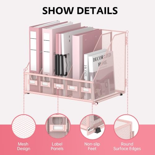5 Vertical Compartments Magazine File Holder, Metal Binder Organizer, Pink - Image 3