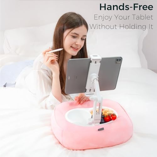 Tablet Pillow Stand, Adjustable Kindle Holder with 2 Snack Bowls, 360° Adjustable iPad Stand for Bed with 4.7''-13'' iPad, Kindle, Phone, Gift for Reading Accessories on Bed, Sofa, Pink - Image 3
