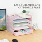 LEKETREE Desk Organizers and Accessories, 5-Tier Paper Letter Tray Organizer with Drawer & 2 Pen Holders, Desktop Organizer for Office Supplies (Pink) - Image 5