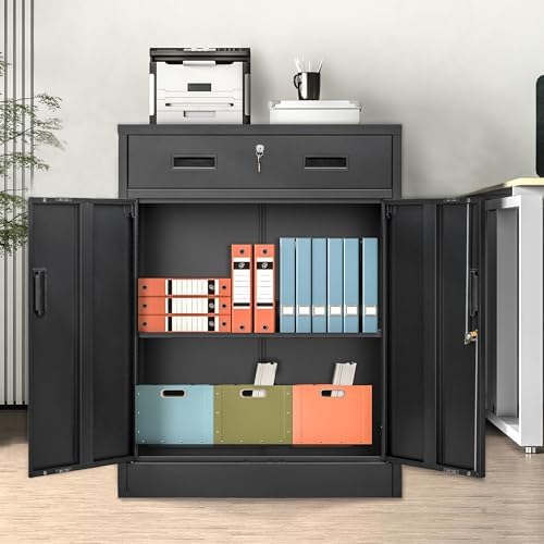 Wanfu Metal Storage Cabinet, 36" H x 28" W x 16" D Locking Cabinet with 1 Drawer and Adjustable Shelf, Metal Cabinets for Office, Garage, Home-Black - Image 2