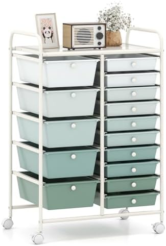 Giantex 15 Drawers Rolling Cart, Classroom Organizers, Storage Cart with Wheels, for Teacher Office Home School Supplies Tool Craft Art Paper, Green Gradient by Giantex