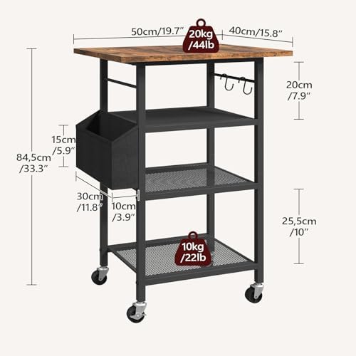 MAHANCRIS 4-Tier Printer Stand, Rolling Printer Table on Wheels, Industrial Storage Stand with Side Pocket, Wooden Tabletop, 2 S-Shaped Hooks, for Home Office, Rustic Brown and Black PTHR2601 - Image 3