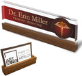Artblox Personalized Office Desk Name Plate and Business Card Holder | Clear Acrylic Glass with Teak Wood Stand | Doctor Design Customized with Your Name and Credentials Office Desk Decor by Artblox