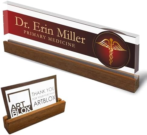 Artblox Personalized Office Desk Name Plate and Business Card Holder | Clear Acrylic Glass with Teak Wood Stand | Doctor Design Customized with Your Name and Credentials Office Desk Decor by Artblox