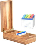 Neando Acacia Wood Business Card Holder with Lid – 2x3.5” Index Card Organizer with 5 Compartments, Holds 600 Cards, Magnetic Closure, 20 Blank Tabs – Rustic Desktop Filing Box for Office & Home by Neando