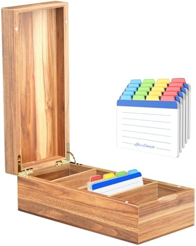 Neando Acacia Wood Business Card Holder with Lid – 2x3.5” Index Card Organizer with 5 Compartments, Holds 600 Cards, Magnetic Closure, 20 Blank Tabs – Rustic Desktop Filing Box for Office & Home by Neando