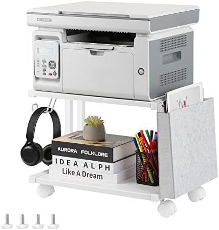Printer Stand Under Desk Printer Table with Wheels 2 Tier Small Printer Cart with Storage Bag Desktop White Printer Stands for Home Office Fax Machine Scanner Files (White) by BTY