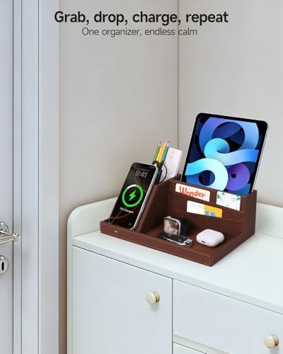 Fast Wireless Charging Station with Desk Organizer for iPhone 17/16/15/15 Pro/14/14 Pro Max/14 Pro/14 Plus/13/13 Pro Max/13 Pro/and iPhone 12/11 Series, Nightstand Desktop Organizer, Brown - Image 6