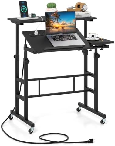 GIANTEX Mobile Standing Desk, Adjustable Rolling Computer Desk, Black by Giantex
