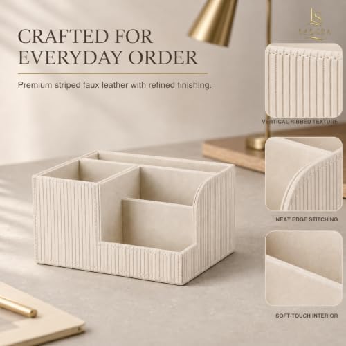 Pen Holder for Desk, 4-Compartment PU Leather Desk Organizer, Cream - Image 3